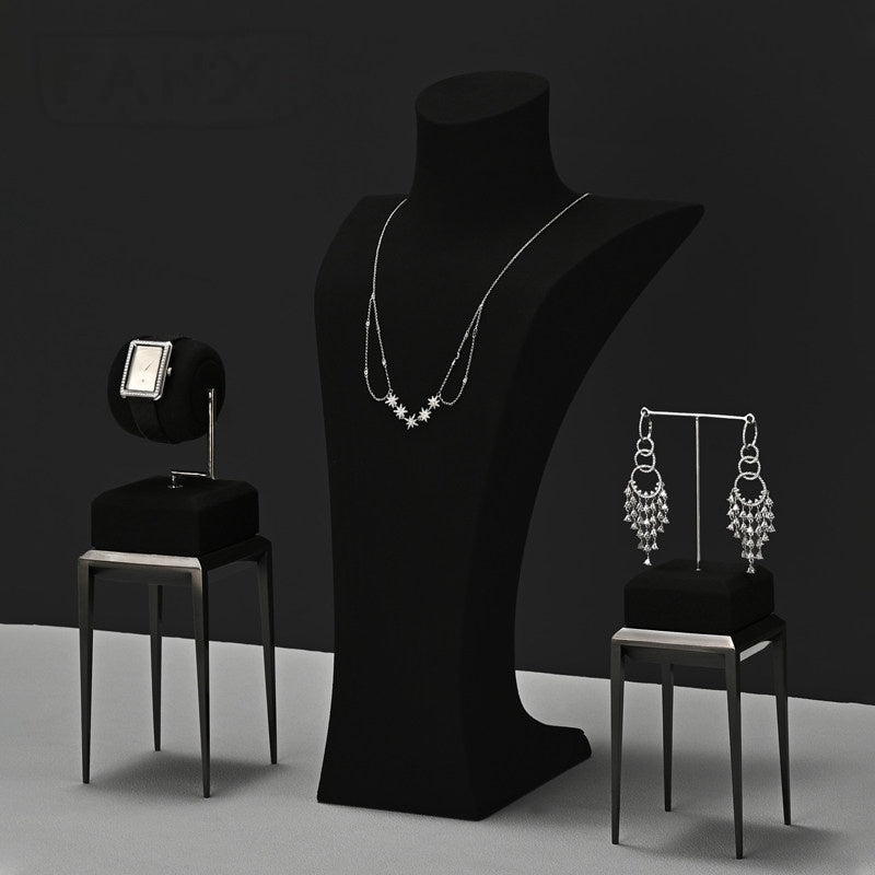 Black Metal Jewelry Display Stand Set with Watch and Necklace Holders