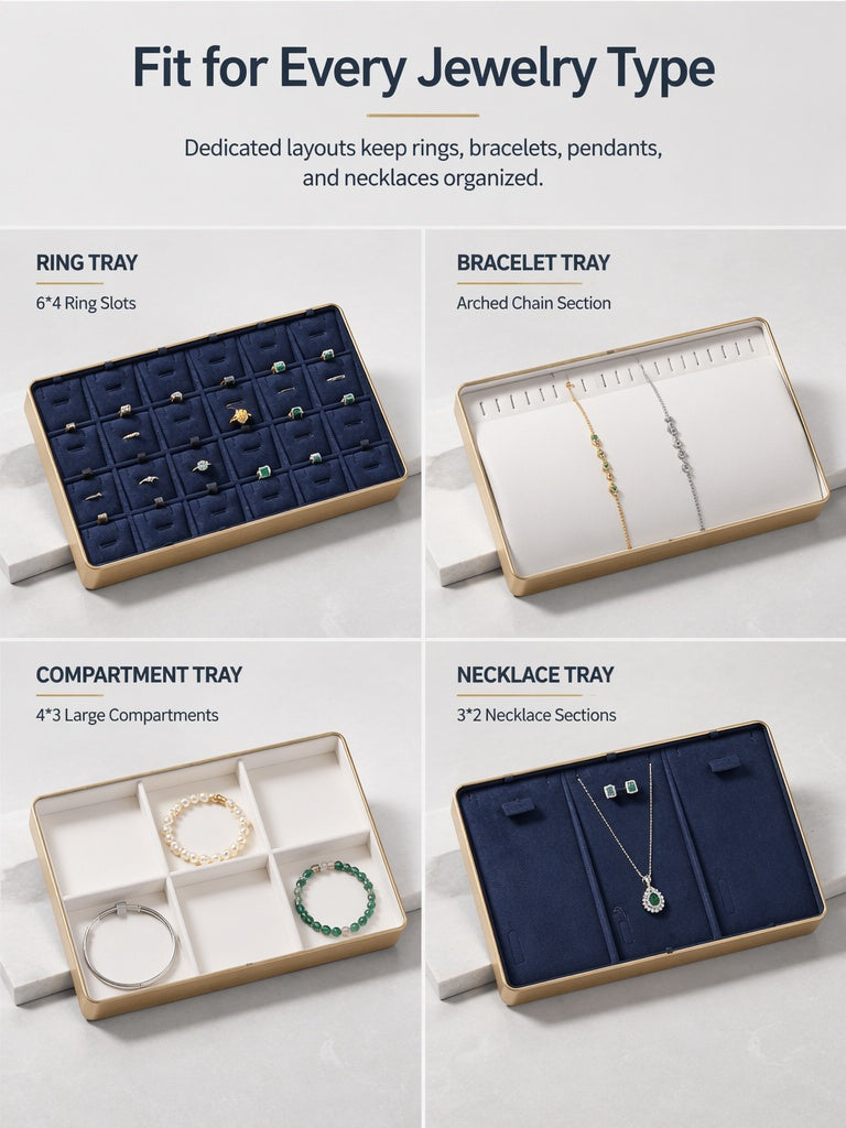Gold Metal Jewelry Tray with Velvet Lining for Ring and Necklace Display