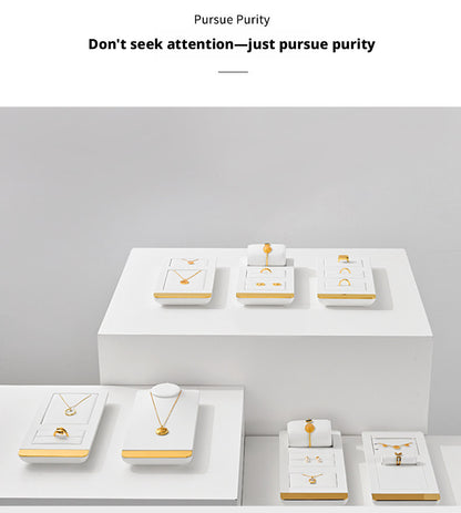 White Leather Jewelry Display Set with Gold Trim for Watch and Ring