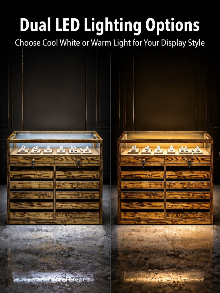 Solid Ash Wood Jewelry Display Case – Tempered Glass, LED Lighting, Lockable Drawers