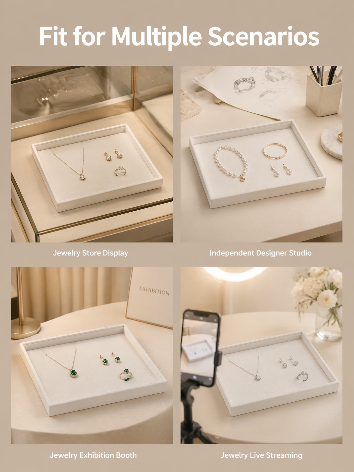 Velvet Jewelry Display Tray for Necklaces, Ring Showcase Organizer, Countertop Holder