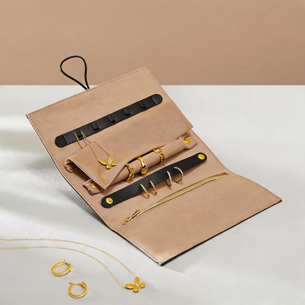 Leather Travel Jewelry Organizer with Ring Holder for Necklaces and Earrings
