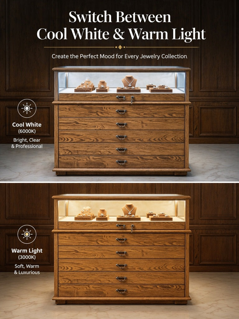 Handmade Ash Wood LED Jewelry Showcase - Illuminated Countertop Display Stand for Retail Jewelry cabinet