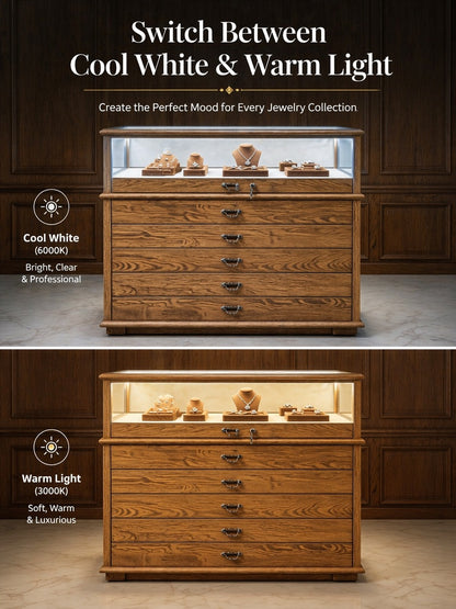 Handmade Ash Wood LED Jewelry Showcase - Illuminated Countertop Display Stand for Retail Jewelry cabinet