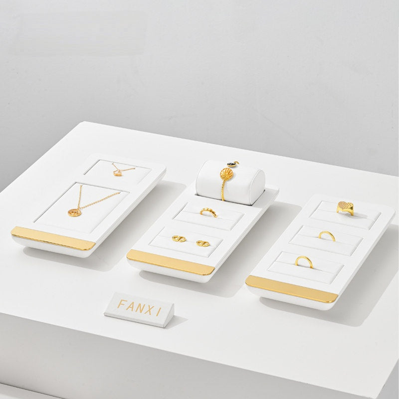 White Leather Jewelry Display Set with Gold Trim for Watch and Ring