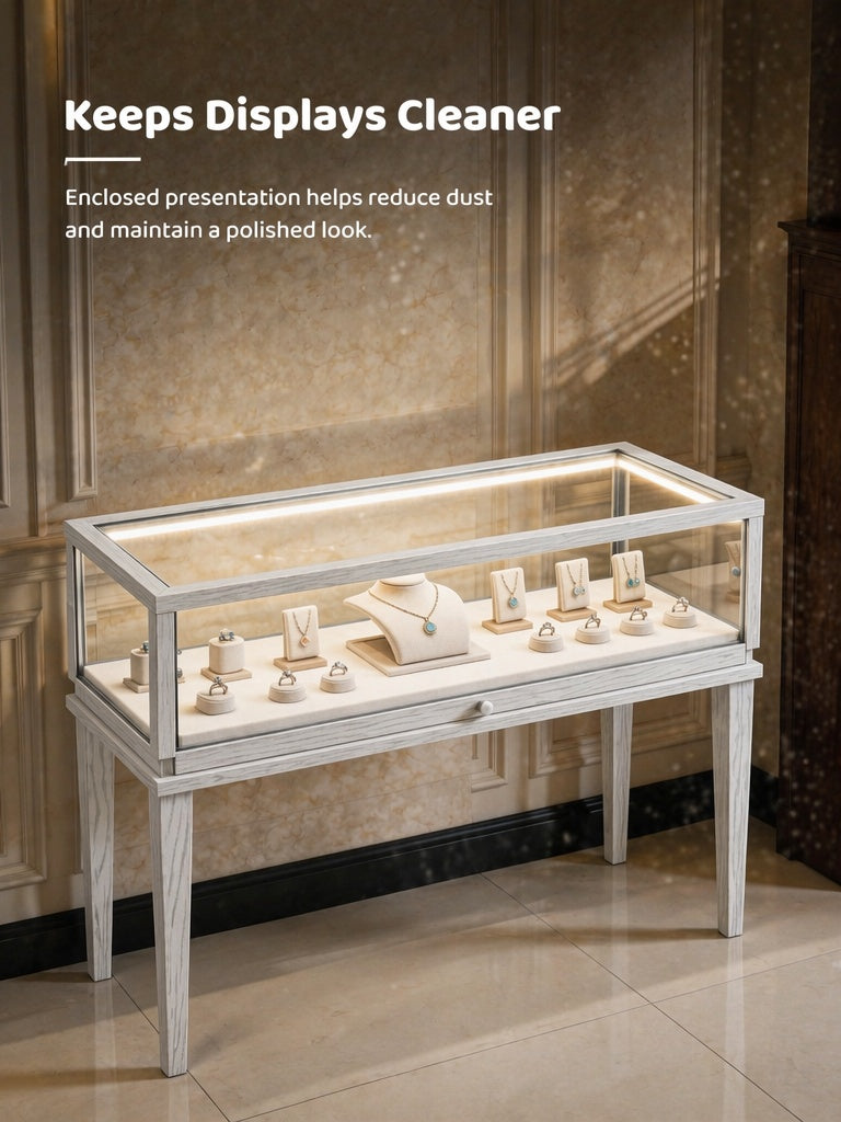 Solid Ash Wood Jewelry Display Cabinet, Adjustable LED Lighting, Retail Presentation Showcase