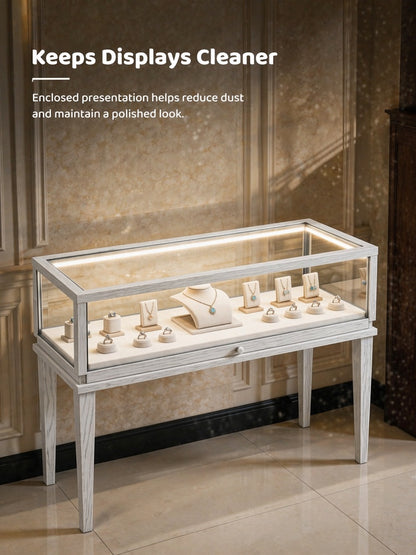 Solid Ash Wood Jewelry Display Cabinet, Adjustable LED Lighting, Retail Presentation Showcase