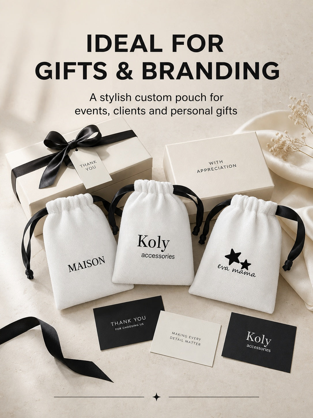 100PCS Custom Cotton Jewelry Pouches, Logo Drawstring Bags, Small Storage (Bulk Available)