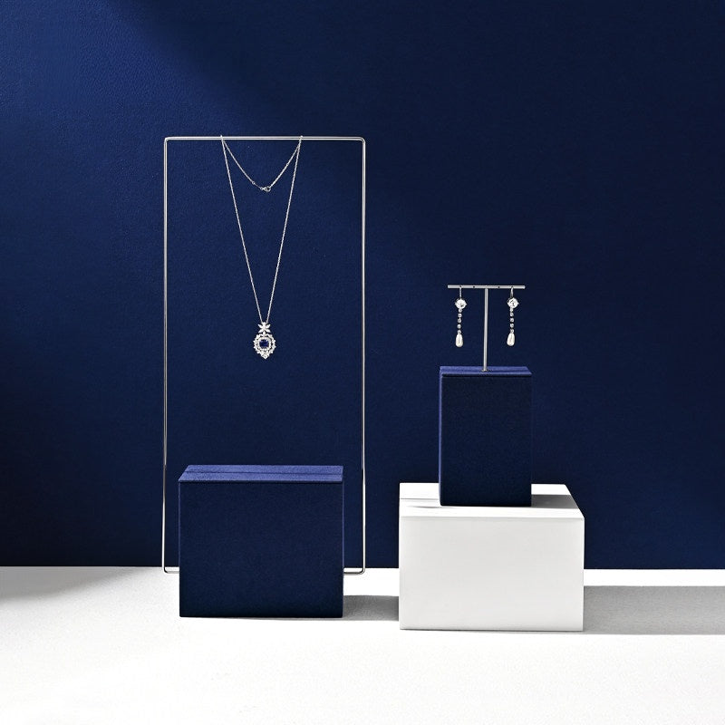 Navy Blue Velvet Jewelry Display Set with Metal Stands for Vendors