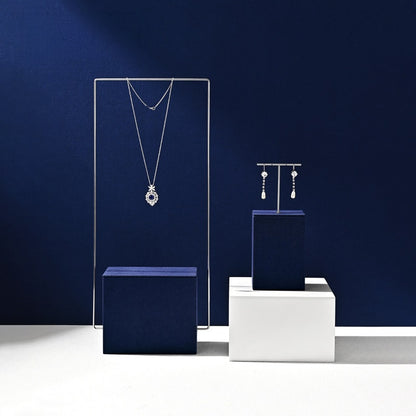 Navy Blue Velvet Jewelry Display Set with Metal Stands for Vendors