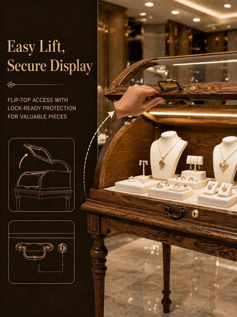 Lighted Wood Jewelry Display Case, Glass Curved Retail Showcase, Antique Store Fixture Cabinet