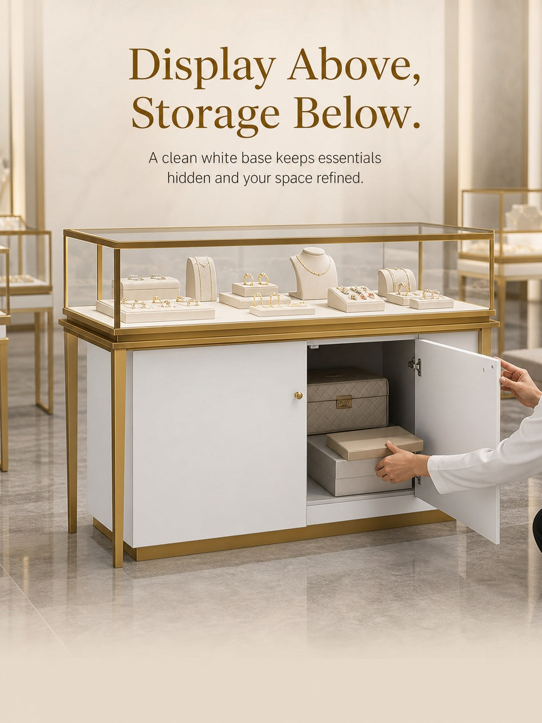 Stainless Steel Jewelry Display | Electroplated Metal Showcase with Glass Top & Logo Option for Boutiques