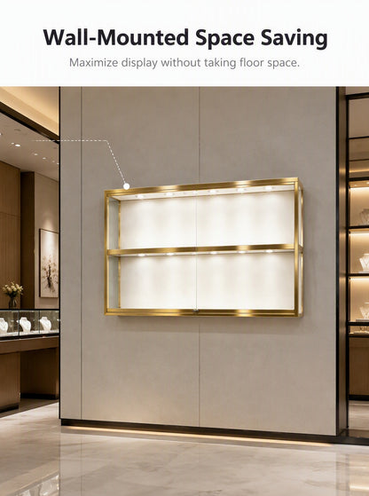 Gold Wall-Mounted Jewelry Display Case with LED Lights & Lock, 2-Tier Stainless Steel Electroplated Showcase Cabinet for Retail Boutiques