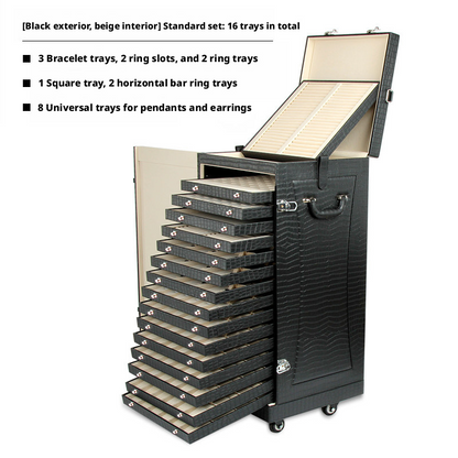 Rolling Jewelry Display Case, Crocodile PU Leather Tray Organizer Trunk, 16-Tier Storage
