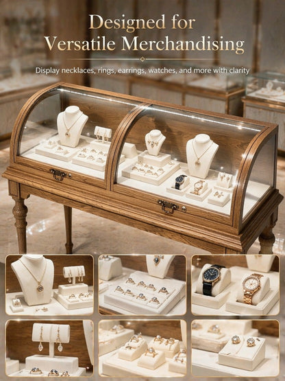 Lighted Wood Jewelry Display Case, Glass Curved Retail Showcase, Antique Store Fixture Cabinet