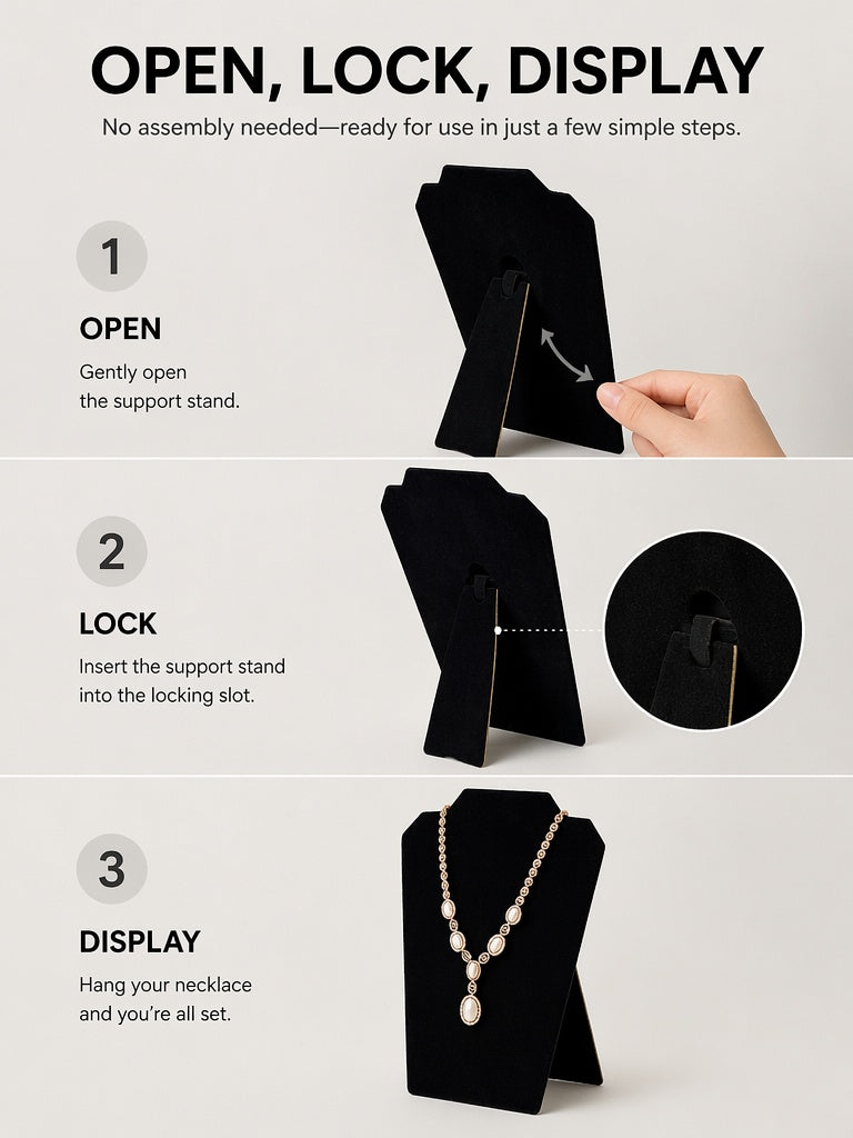 Folding Necklace Display Stand, Black Velvet, White Faux Leather Easel (3-Piece Set)