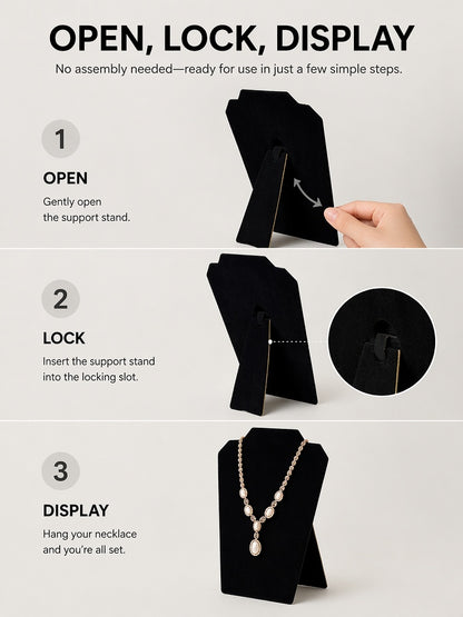 Folding Necklace Display Stand, Black Velvet, White Faux Leather Easel (3-Piece Set)