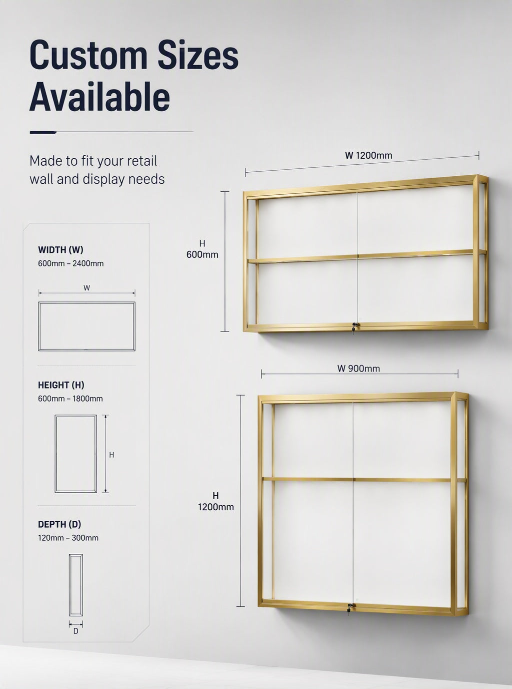 Gold Wall-Mounted Jewelry Display Case with LED Lights & Lock, 2-Tier Stainless Steel Electroplated Showcase Cabinet for Retail Boutiques