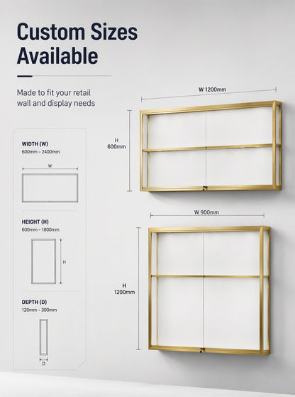 Gold Wall-Mounted Jewelry Display Case with LED Lights & Lock, 2-Tier Stainless Steel Electroplated Showcase Cabinet for Retail Boutiques
