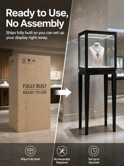 Luxury Wood Glass Display Cabinet, 360° LED Lighted Pedestal Showcase for Boutiques
