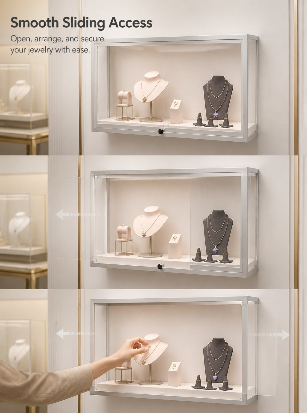 Luxury Wall Mounted Jewelry Display Cabinet, Stainless Steel Frame, Tempered Glass Showcase, Lockable Organizer