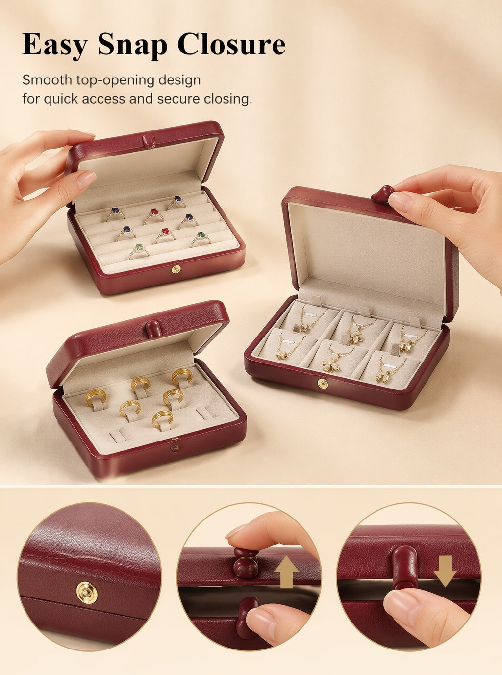 PU Leather Jewelry Box, Travel Ring Pendant Organizer, 8-Slot Snap Display Case Jewelry Supplies