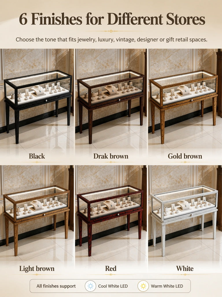 Solid Ash Wood Jewelry Display Cabinet, Adjustable LED Lighting, Retail Presentation Showcase
