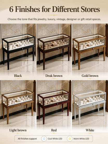 Solid Ash Wood Jewelry Display Cabinet, Adjustable LED Lighting, Retail Presentation Showcase