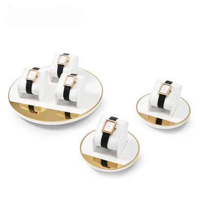 White Leather Jewelry Display Set with Gold Trim for Watch and Ring