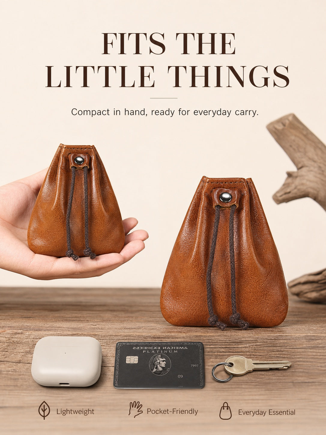 10PCS Handcrafted Waxed Leather Pouch, Vintage Style Drawstring Jewelry Organizer