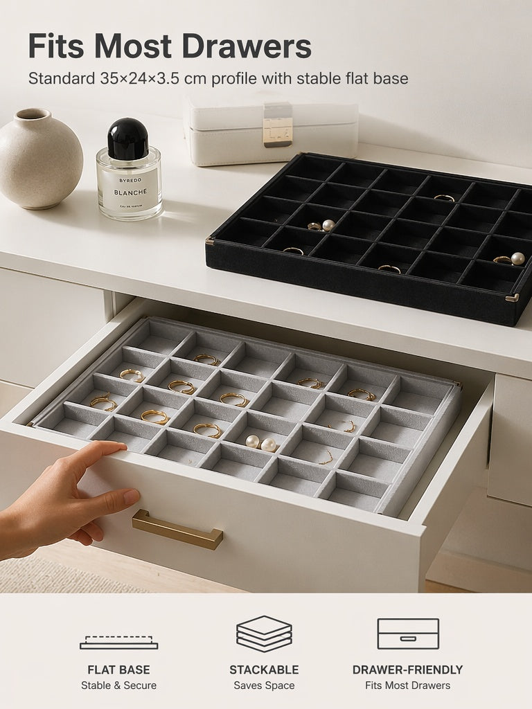 Velvet Jewelry Display Tray, Multi-Grid Storage Inserts for Rings, Gemstones, Craft Shows Retail Organizer