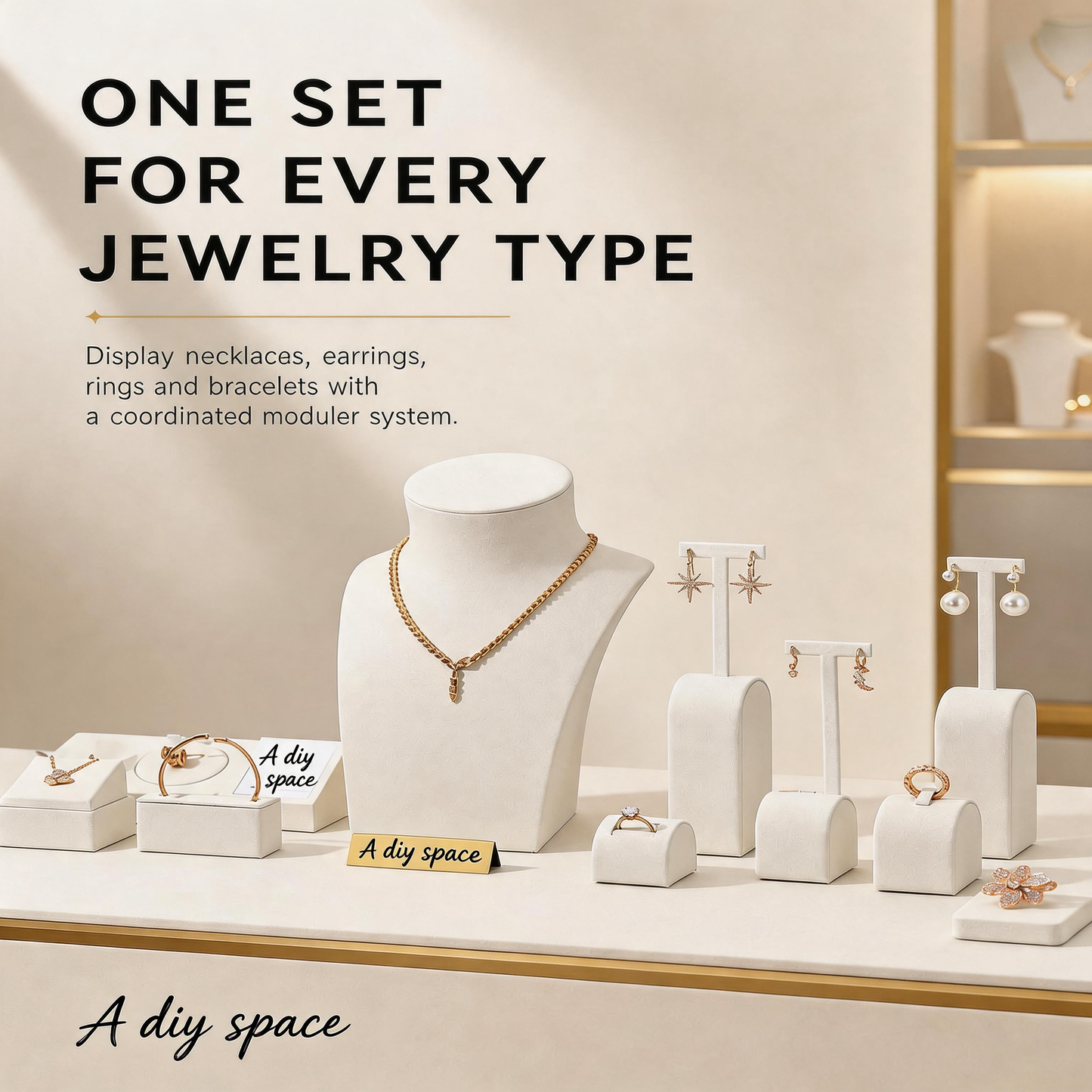 5PCS White Suede Jewelry Display Set, Necklace Bust, Earring T-Stand, Ring Organizer