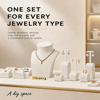 5PCS White Suede Jewelry Display Set, Necklace Bust, Earring T-Stand, Ring Organizer