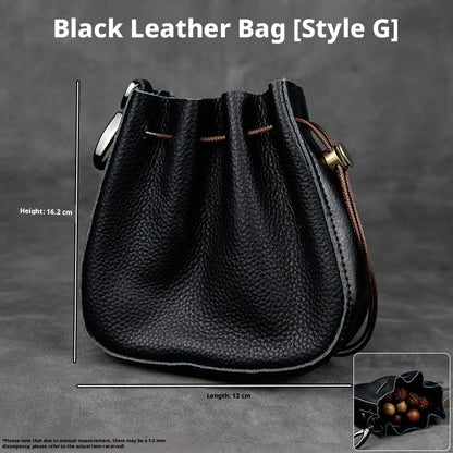 5pcs Genuine Leather Storage Pouch, Waterproof Pebble Cowhide Bag, Snap Drawstring Zipper Closure, Jewelry Organizer