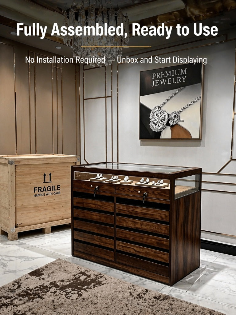 Solid Ash Wood Jewelry Display Case – Tempered Glass, LED Lighting, Lockable Drawers
