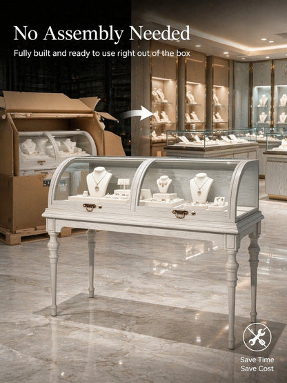 Lighted Wood Jewelry Display Case, Glass Curved Retail Showcase, Antique Store Fixture Cabinet