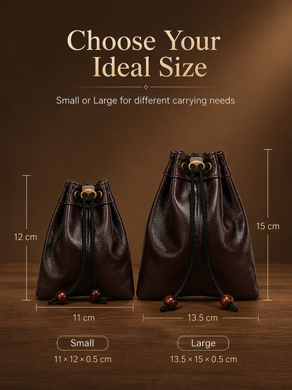 5pcs Waxed Leather Drawstring Pouch, Top-Grain Cowhide Snap Bag, Vintage Coin Jewelry Organizer, EDC Travel Storage