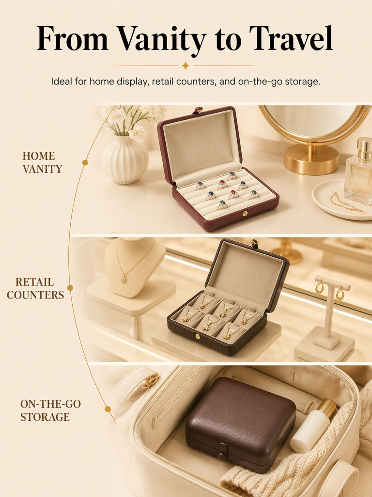PU Leather Jewelry Box, Travel Ring Pendant Organizer, 8-Slot Snap Display Case Jewelry Supplies