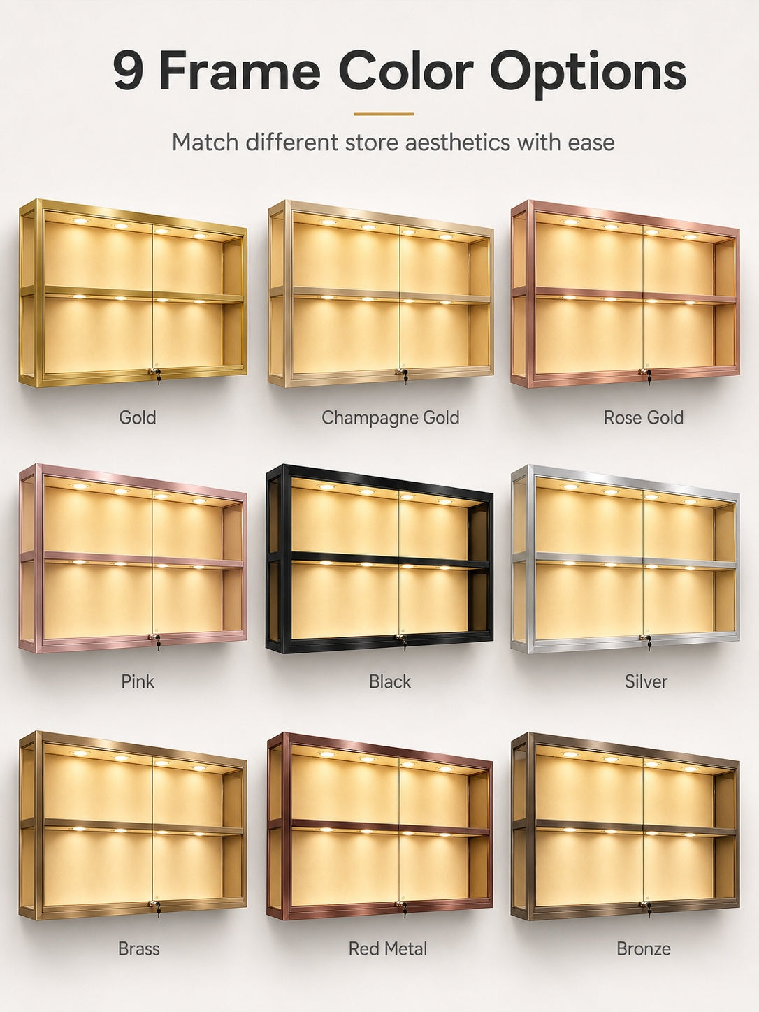 Gold Wall-Mounted Jewelry Display Case with LED Lights & Lock, 2-Tier Stainless Steel Electroplated Showcase Cabinet for Retail Boutiques