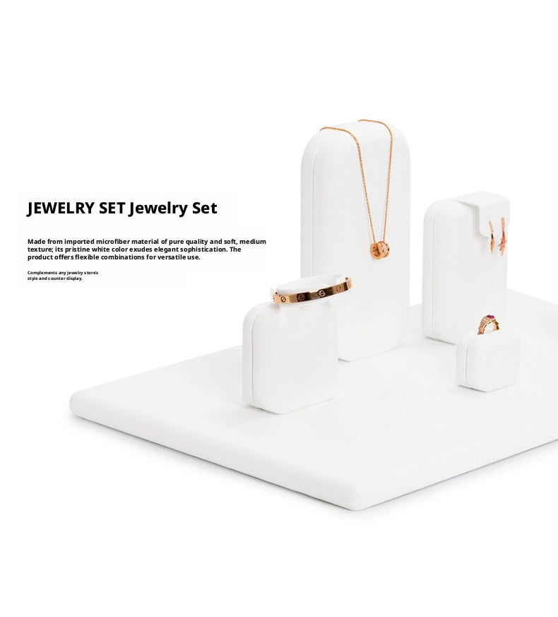 White Suede Jewelry Display Set with Necklace Stand and Ring Holders