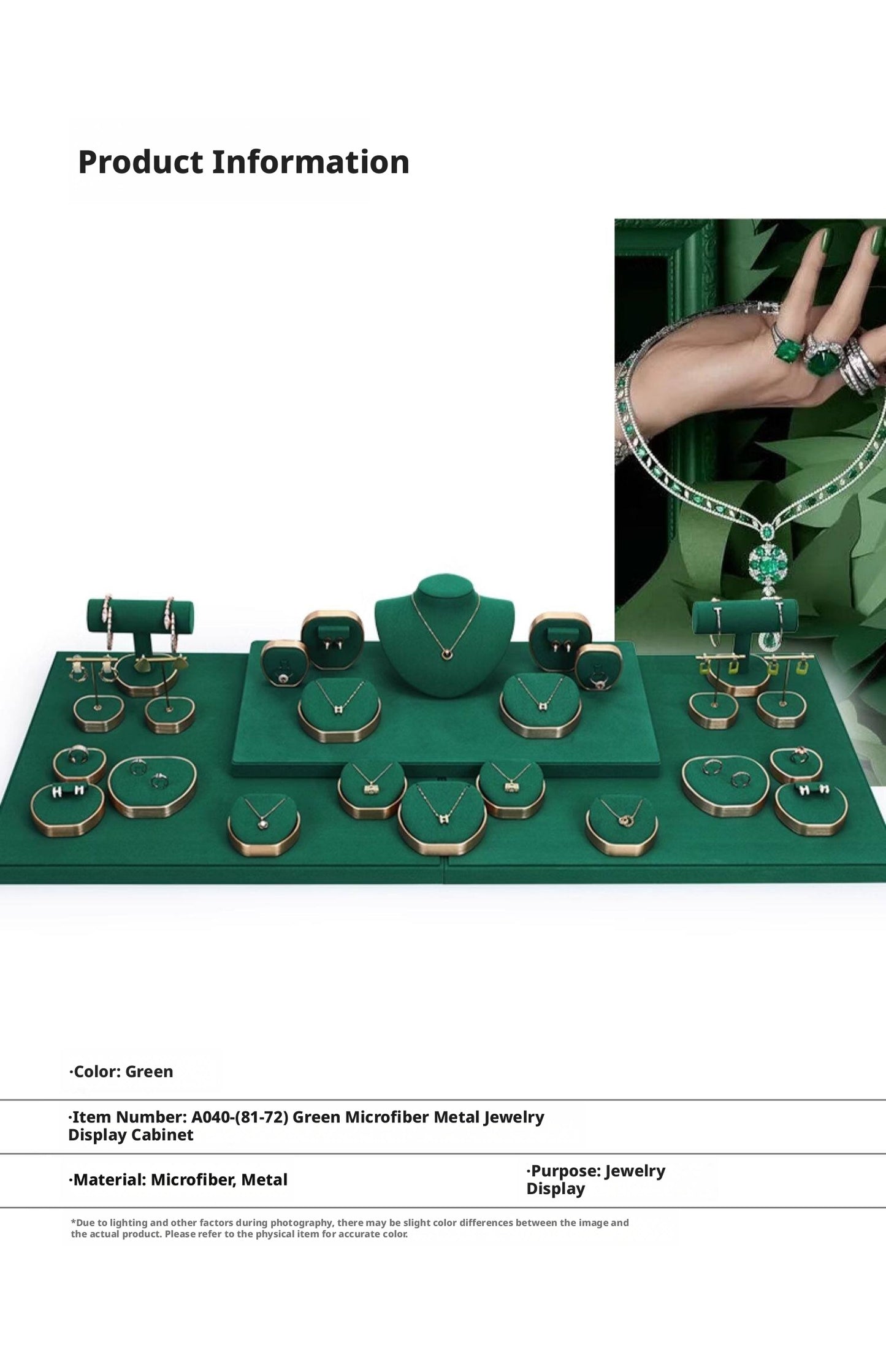 Green Suede and Gold Jewelry Showcase Trays and Necklace Busts