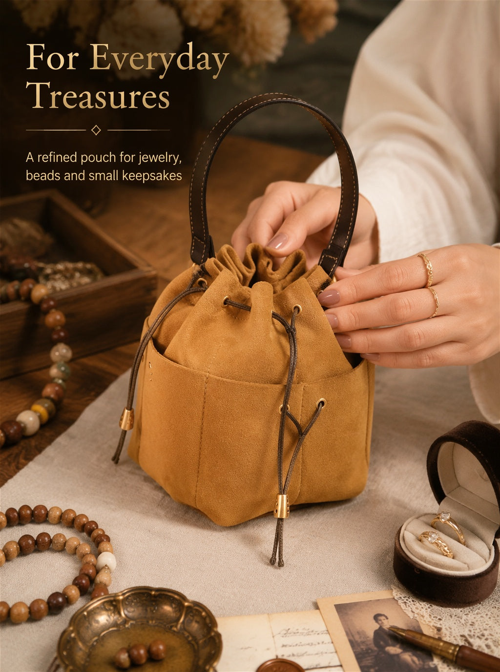 Handcrafted Suede Drawstring Pouch, 4-Section Jewelry Organizer, Anti-Tangle Bead Storage Bag with Leather Handle