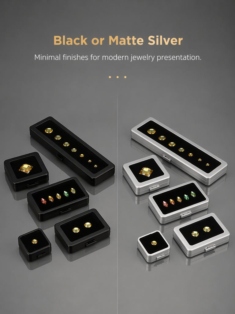 Metal Gemstone Display Box for Loose Stones, Silver-Plated Storage, Self-Locking Snap, Glass Top