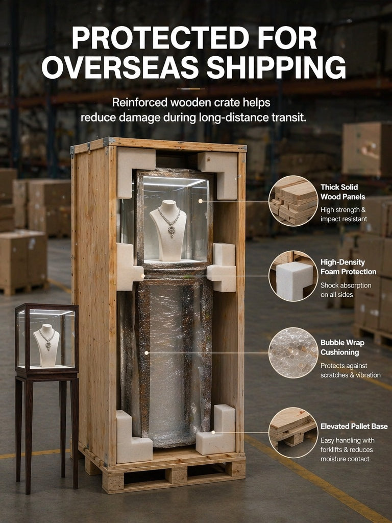 Luxury Wood Glass Display Cabinet, 360° LED Lighted Pedestal Showcase for Boutiques