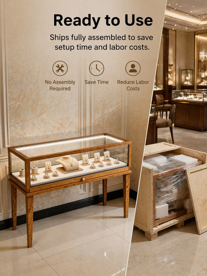 Solid Ash Wood Jewelry Display Cabinet, Adjustable LED Lighting, Retail Presentation Showcase