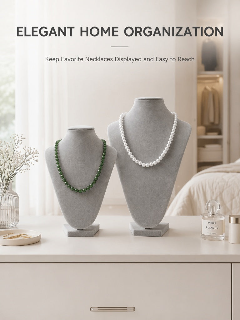 Velvet Necklace Display Bust, Tabletop Jewelry Stand for Pearls, Black Gray Set