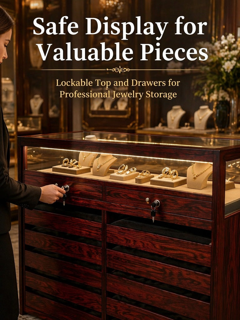 Solid Ash Wood Jewelry Display Case – Tempered Glass, LED Lighting, Lockable Drawers