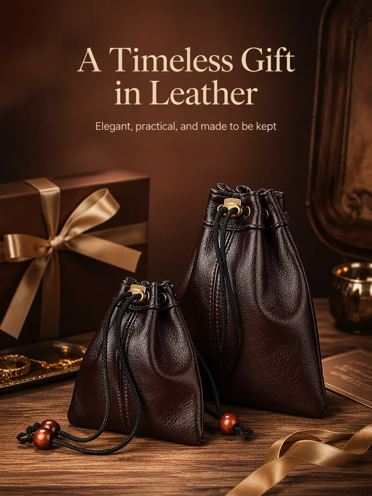 5pcs Waxed Leather Drawstring Pouch, Top-Grain Cowhide Snap Bag, Vintage Coin Jewelry Organizer, EDC Travel Storage