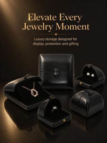 5PCS Black PU Leather Snap Jewelry Box, Faux Leather Ring Earring Bangle Pendant Case