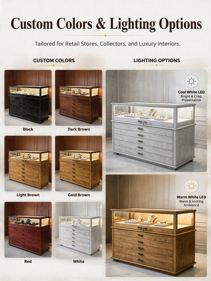 Handmade Ash Wood LED Jewelry Showcase - Illuminated Countertop Display Stand for Retail Jewelry cabinet